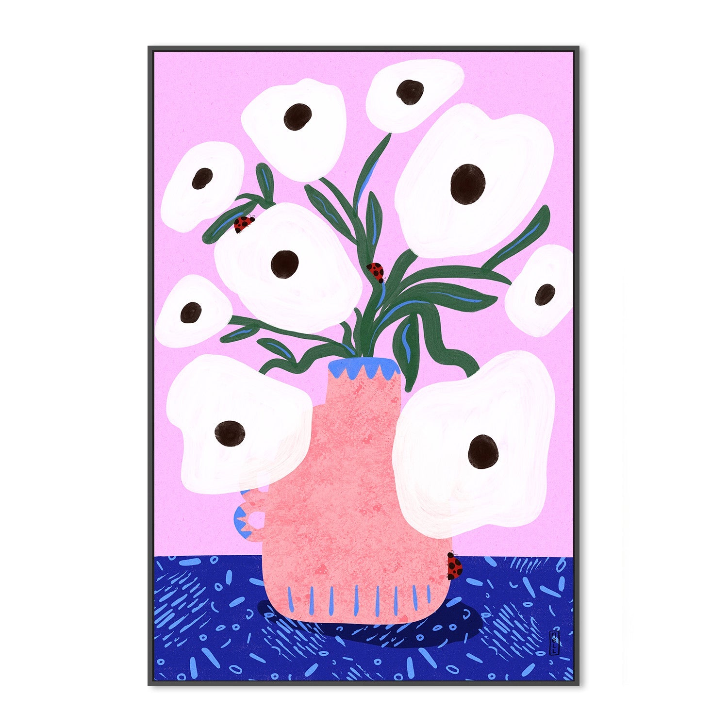 wall-art-print-canvas-poster-framed-White Poppies and Ladybirds Floral Illustration-3