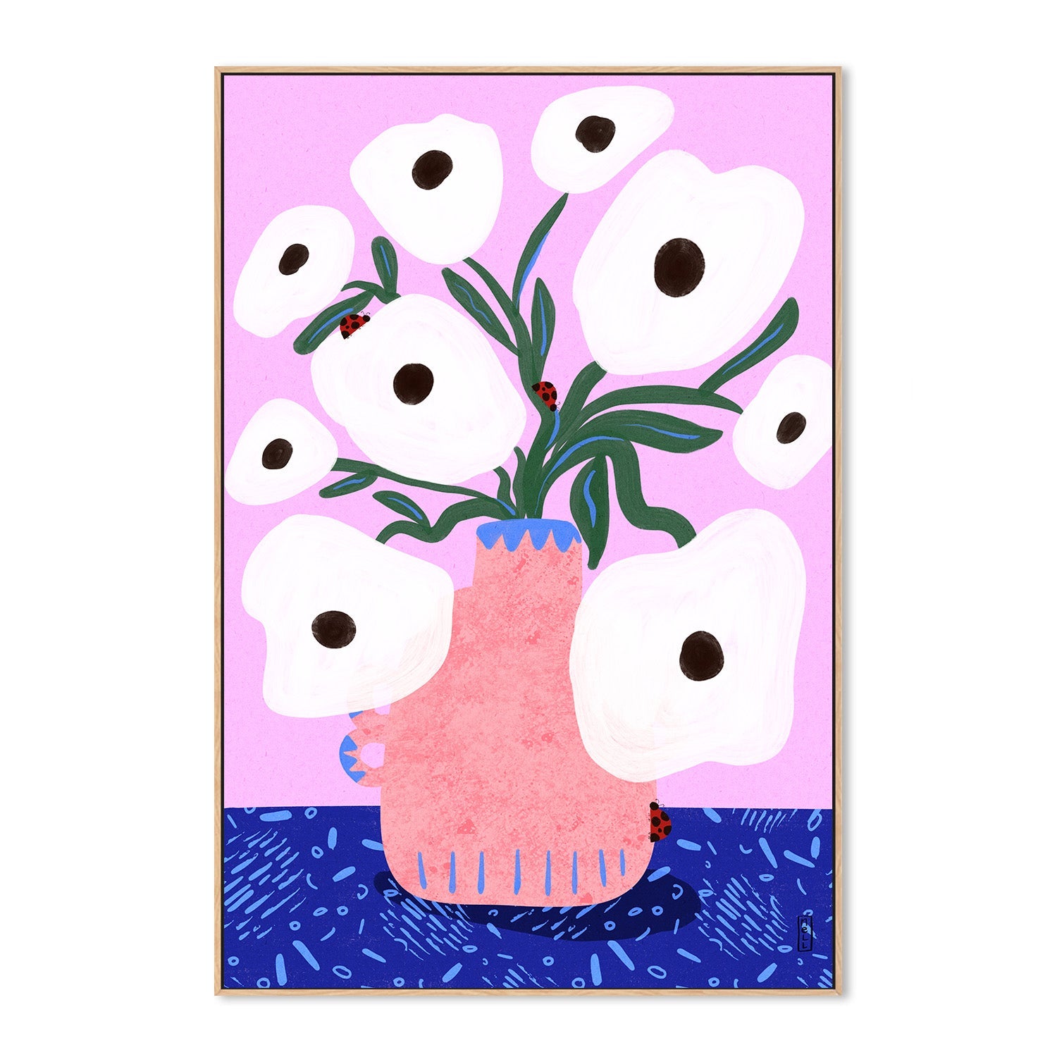 wall-art-print-canvas-poster-framed-White Poppies and Ladybirds Floral Illustration-4