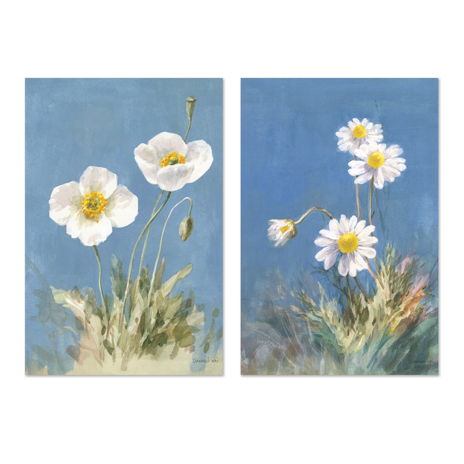 wall-art-print-canvas-poster-framed-White Poppies & Daisies, Set of 2-by-Danhui Nai-Gioia Wall Art