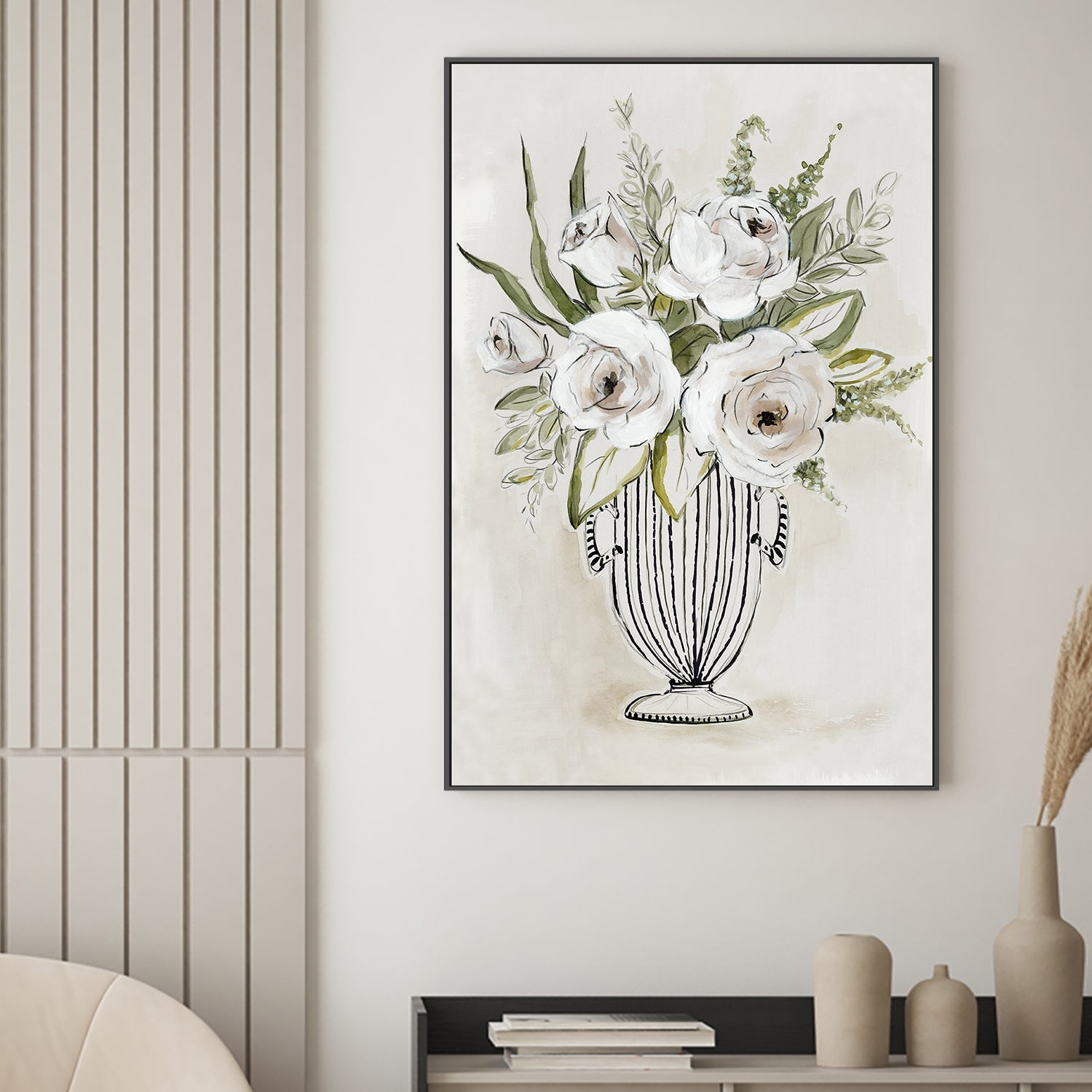 wall-art-print-canvas-poster-framed-White Roses in Striped Vase-2