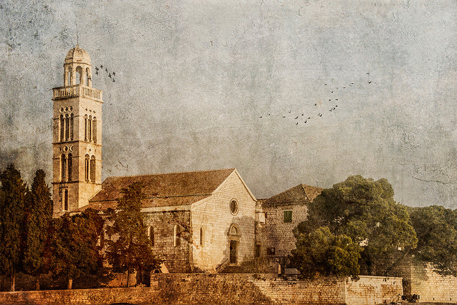 wall-art-print-canvas-poster-framed-White Stone Church in Europe on a Painterly Textured Background, Sojourn , By Andrew Paranavitana-1