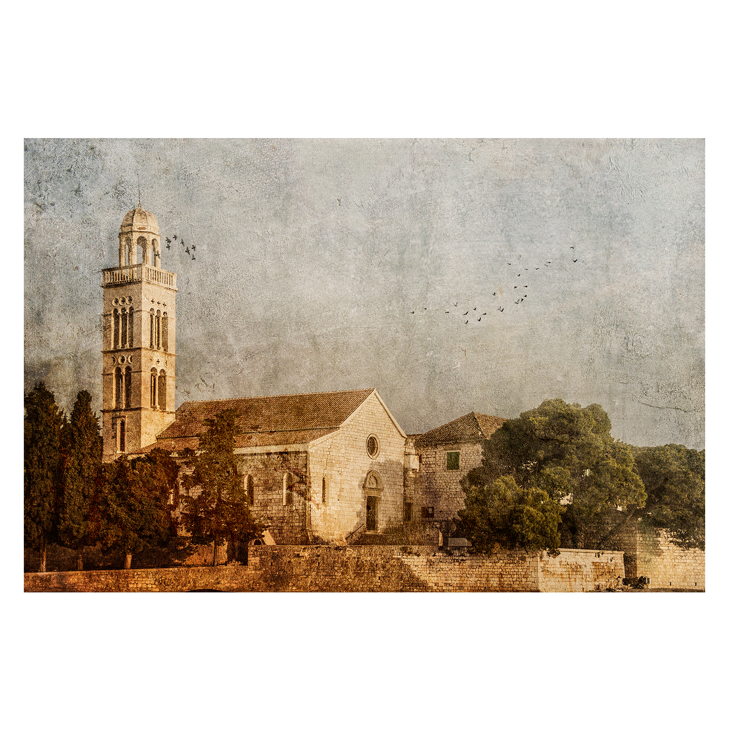 wall-art-print-canvas-poster-framed-White Stone Church in Europe on a Painterly Textured Background, Sojourn , By Andrew Paranavitana-2