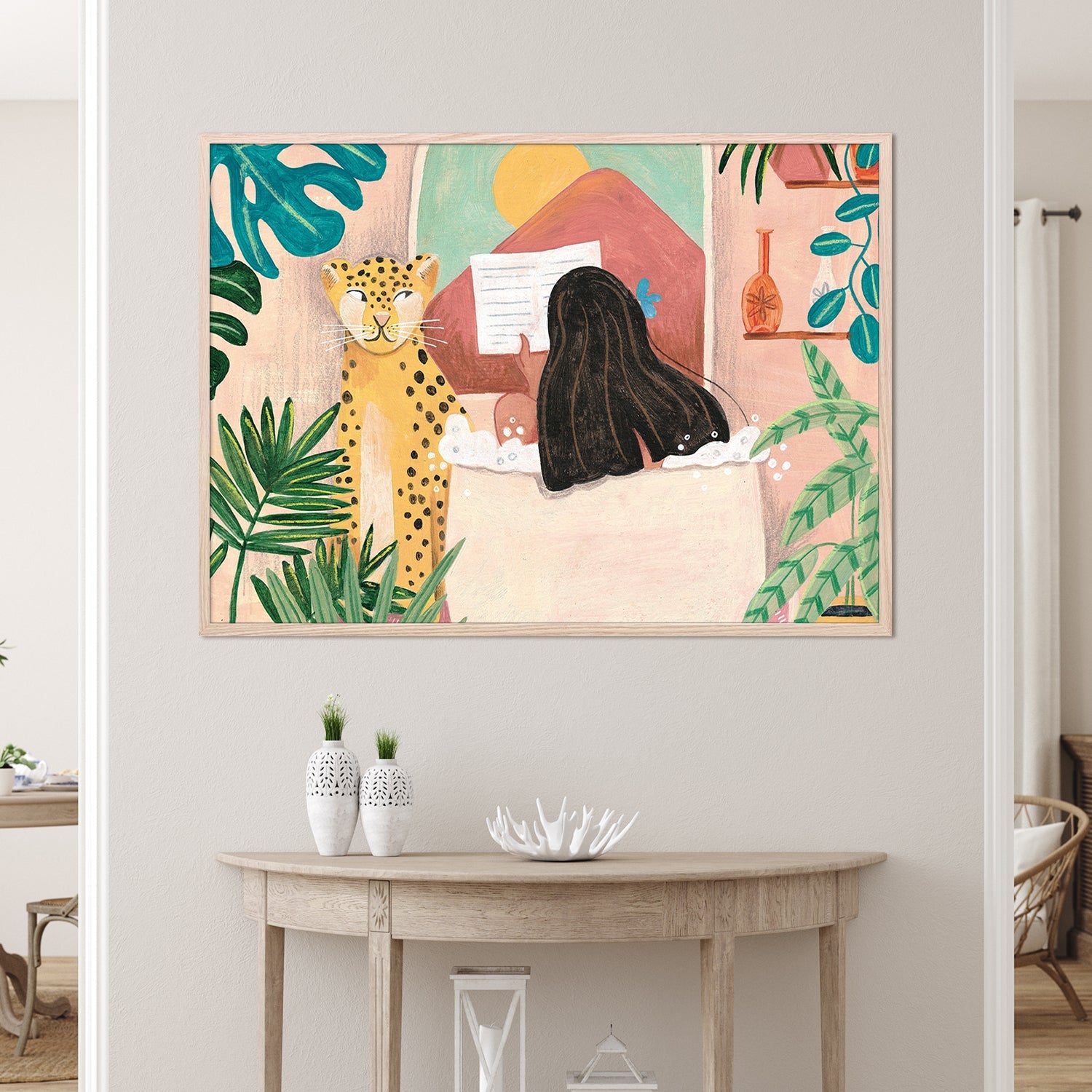 wall-art-print-canvas-poster-framed-Woman taking bath in pink tropical bathroom-2