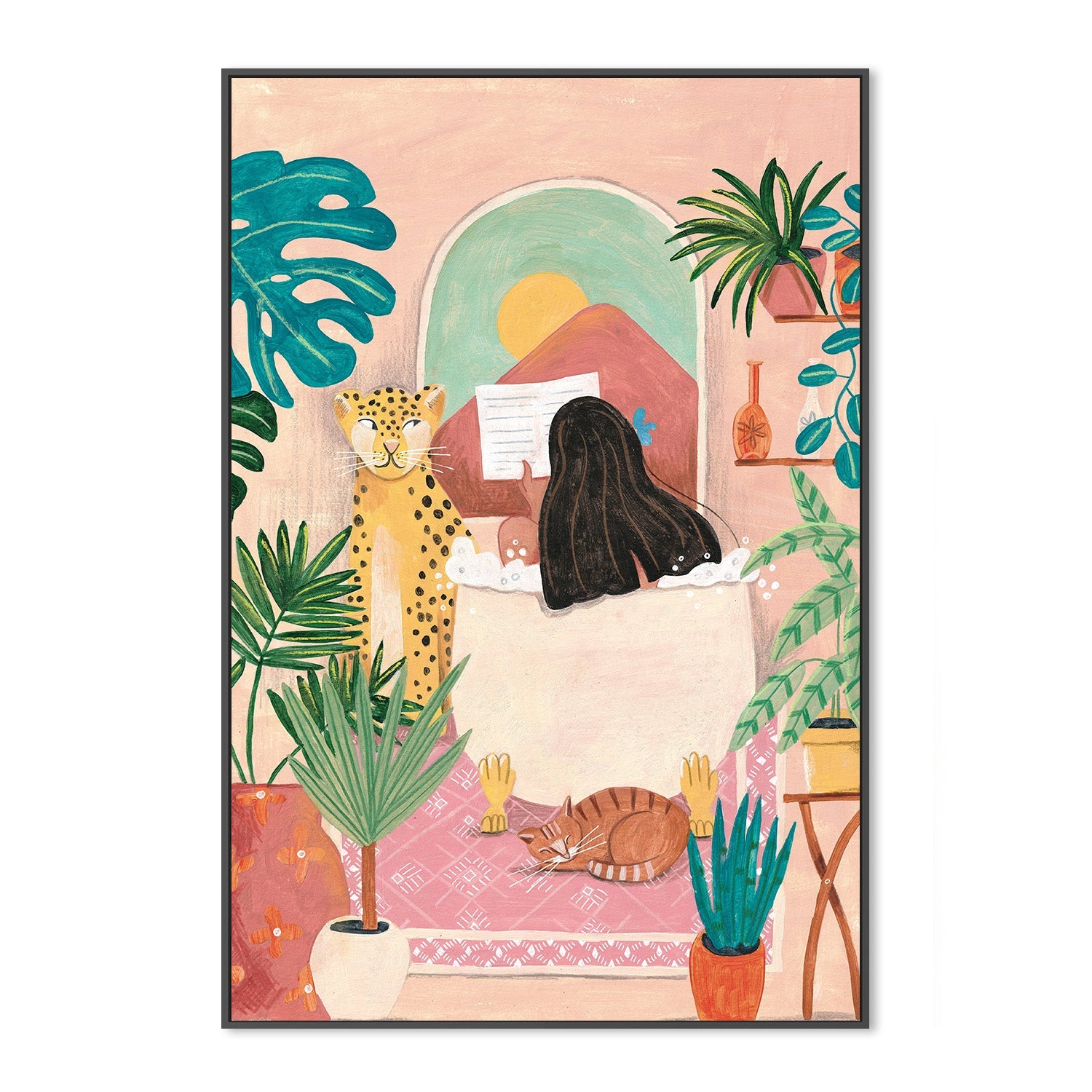 wall-art-print-canvas-poster-framed-Woman taking bath in pink tropical bathroom-3