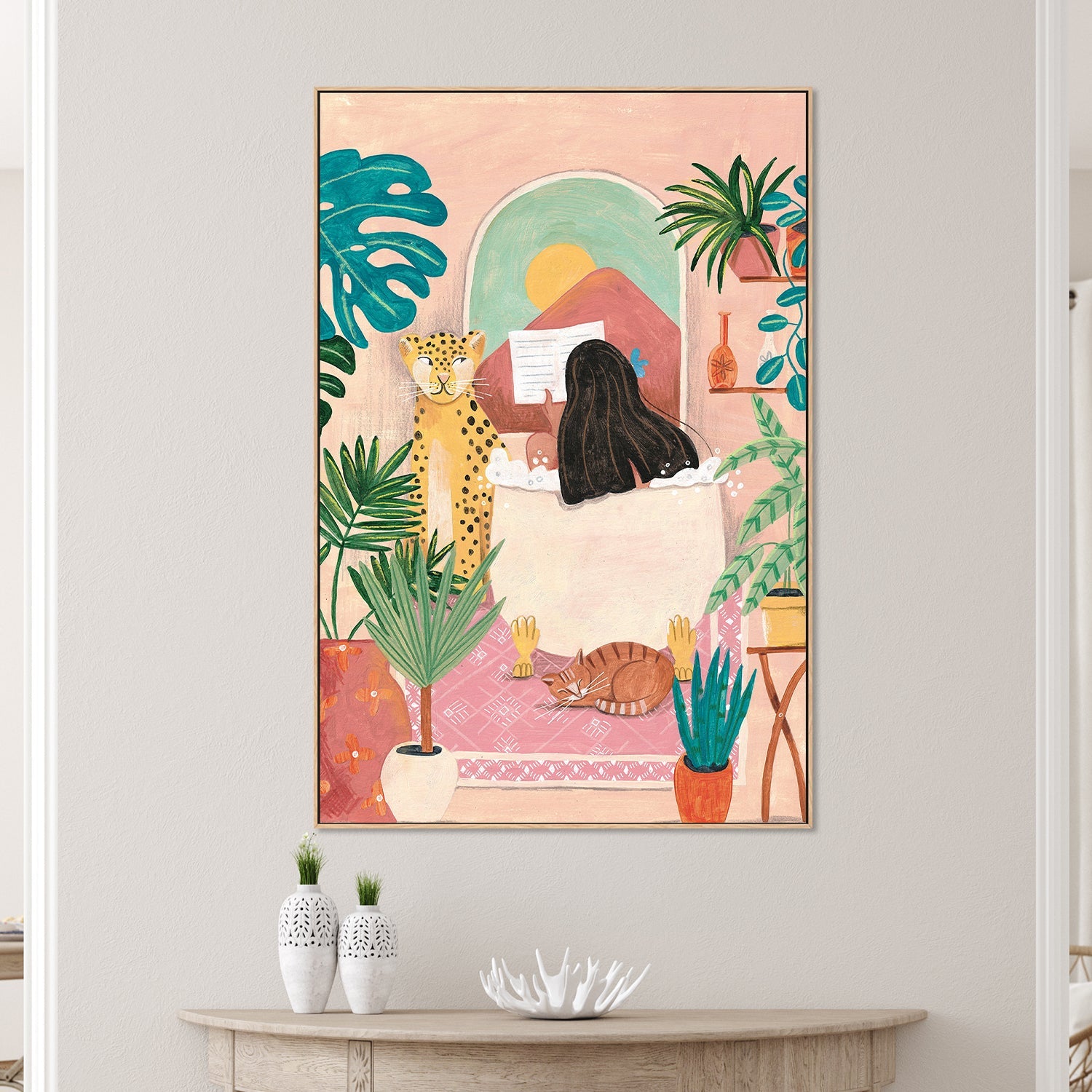 wall-art-print-canvas-poster-framed-Woman taking bath in pink tropical bathroom-7