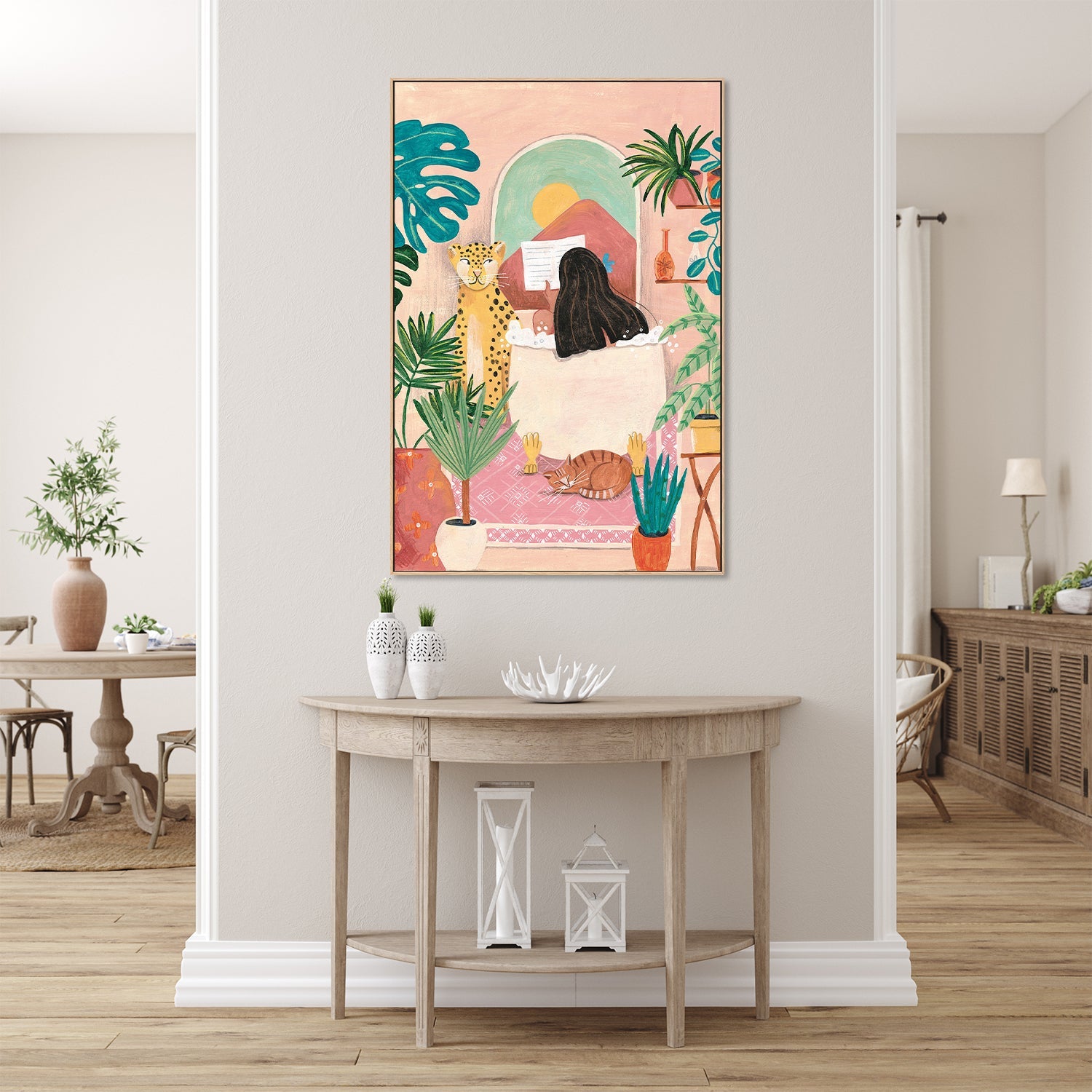 wall-art-print-canvas-poster-framed-Woman taking bath in pink tropical bathroom-8
