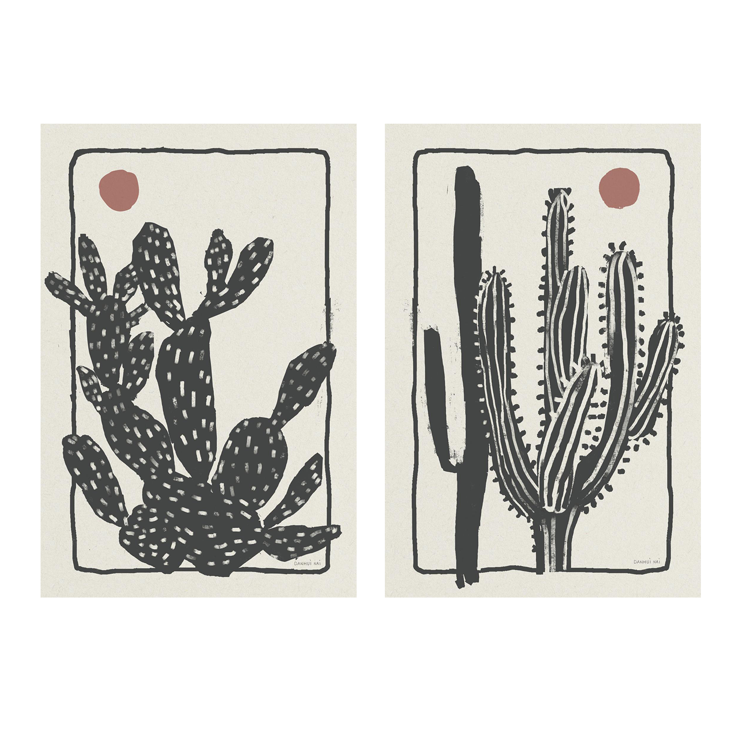 wall-art-print-canvas-poster-framed-Woodcut Cactus, Style A & B, Set Of 2-1