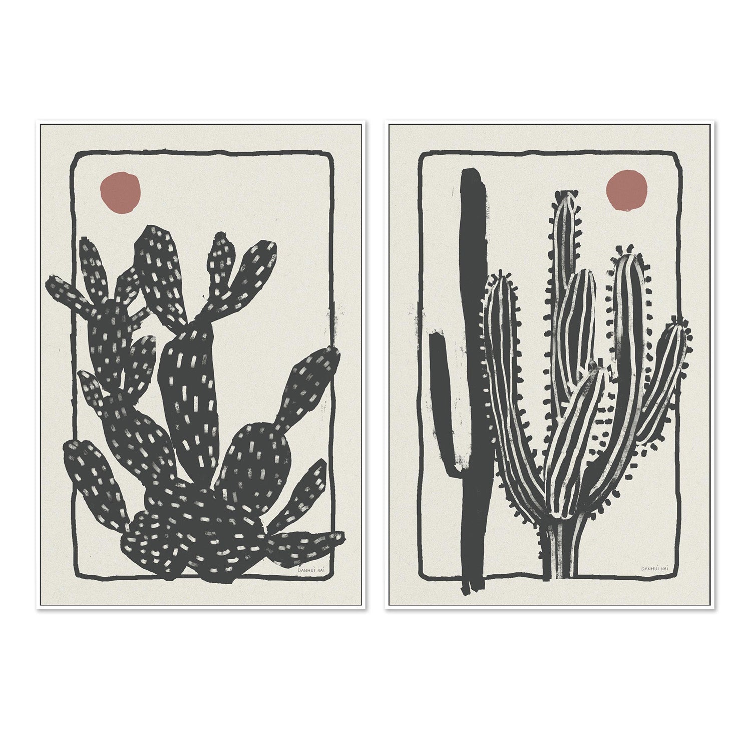 wall-art-print-canvas-poster-framed-Woodcut Cactus, Style A & B, Set Of 2-5