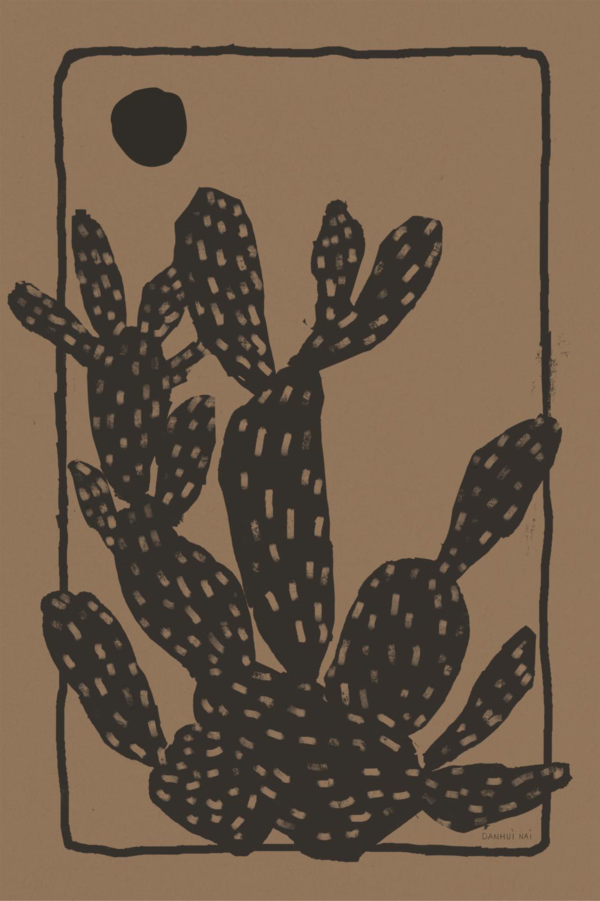 wall-art-print-canvas-poster-framed-Woodcut Cactus, Style A, Natural-1