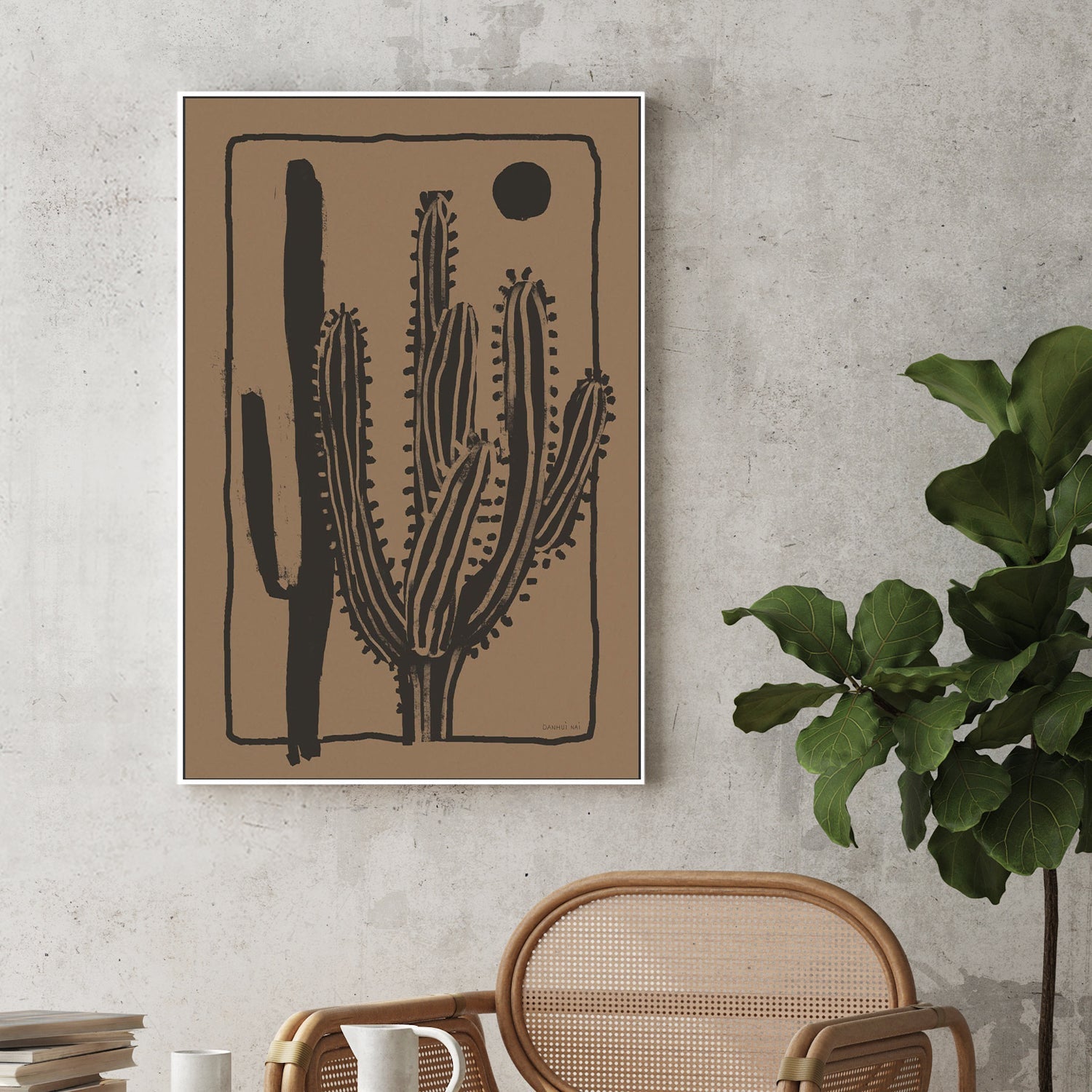 wall-art-print-canvas-poster-framed-Woodcut Cactus , Style B, Natural-2