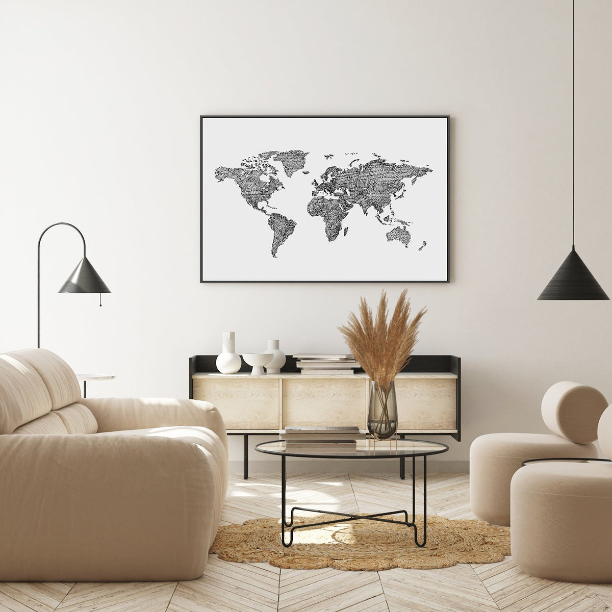 wall-art-print-canvas-poster-framed-World Map Grey-by-Danushka Abeygoda-Gioia Wall Art