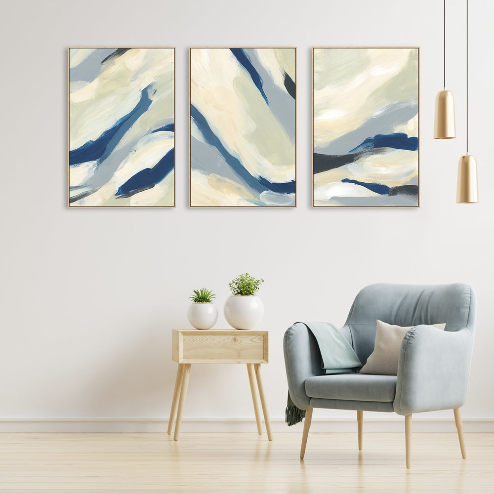 wall-art-print-canvas-poster-framed-Yellow And Navy Abstract, Set Of 3-by-Emily Wood-Gioia Wall Art