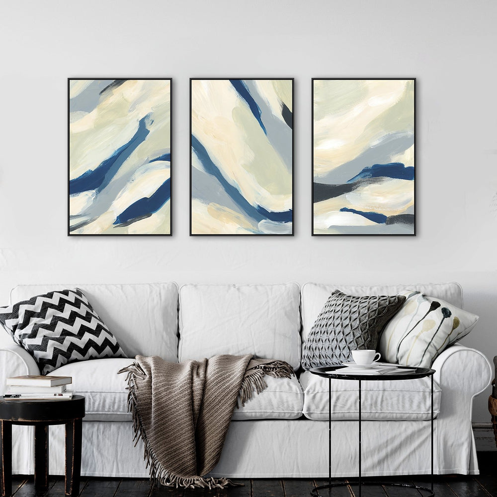 wall-art-print-canvas-poster-framed-Yellow And Navy Abstract, Set Of 3-by-Emily Wood-Gioia Wall Art