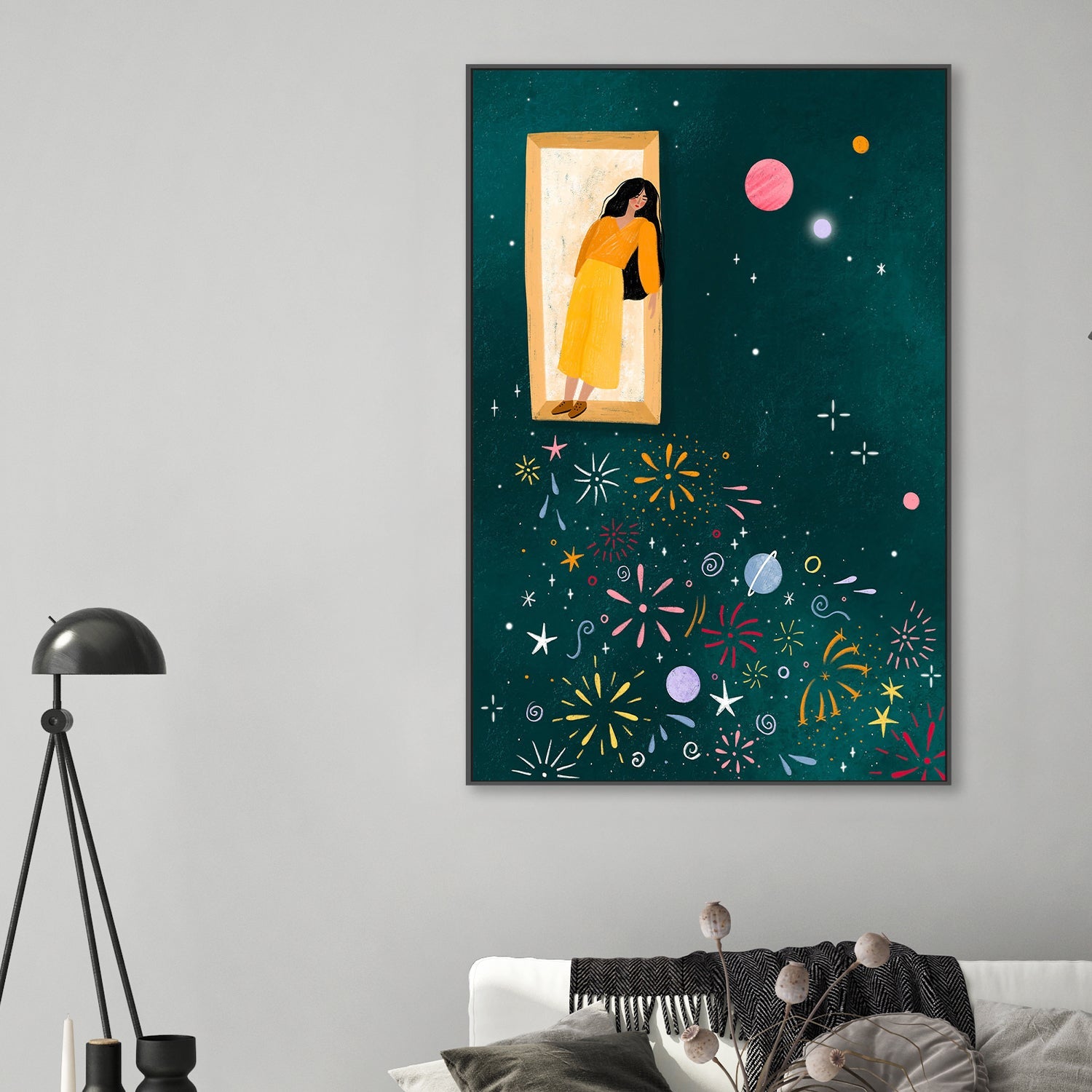 wall-art-print-canvas-poster-framed-Yellow Dress Leans From A Window-2