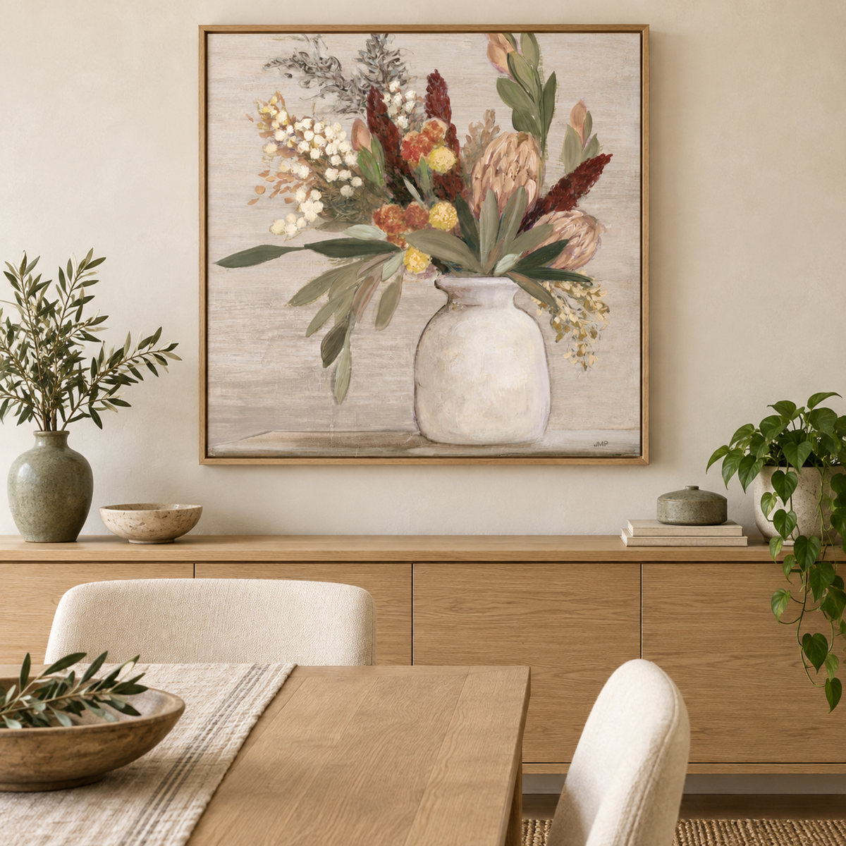 Warm Protea, Style A wall art styled in a warm contemporary dining room