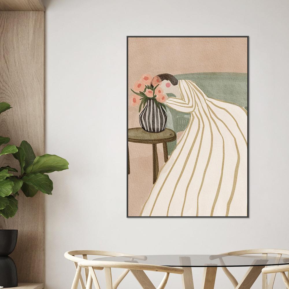 Woman Admiring Flowers-by-Nikita Jariwala-wall-art-print-canvas-poster-framed-Gioia