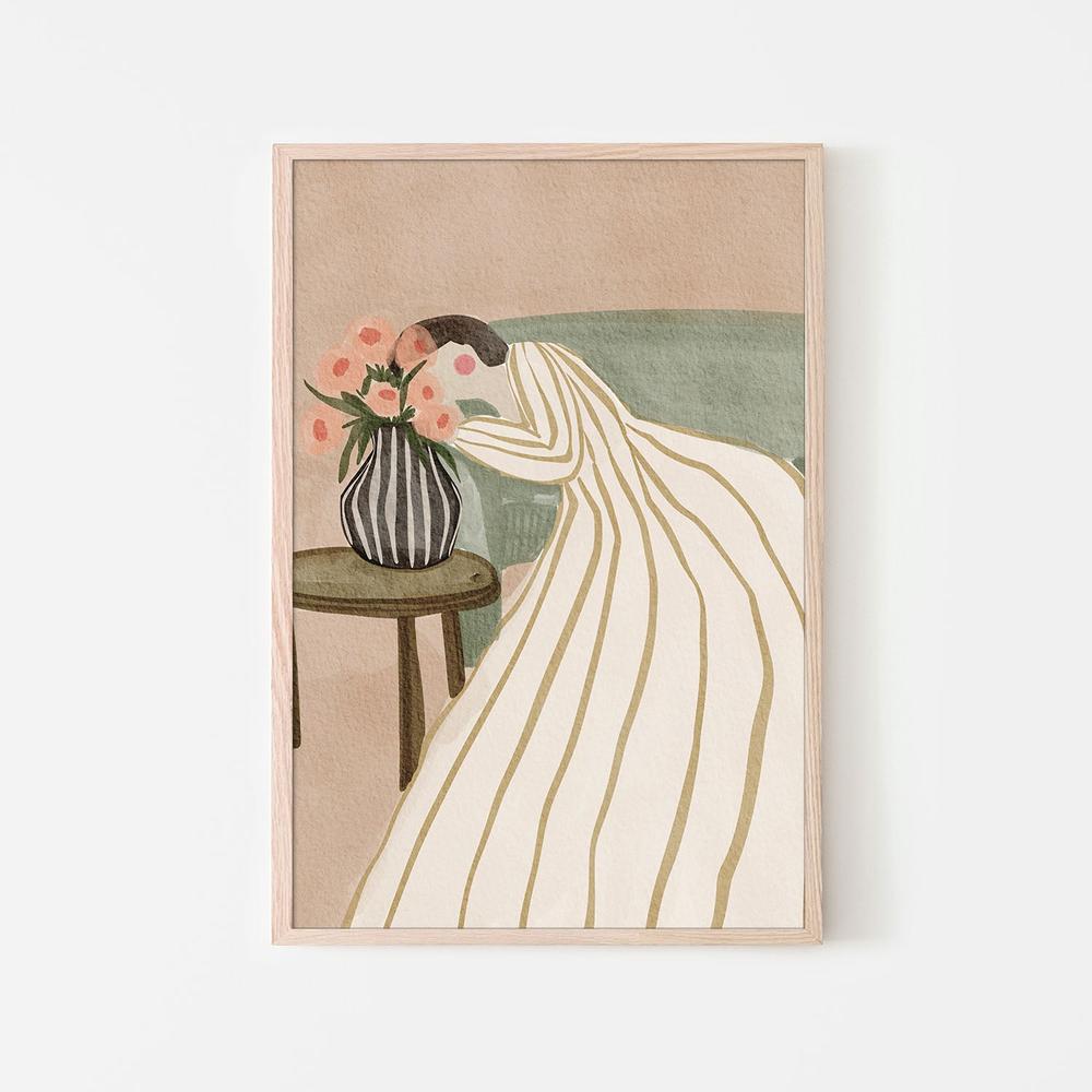 Woman Admiring Flowers-by-Nikita Jariwala-wall-art-print-canvas-poster-framed-Gioia